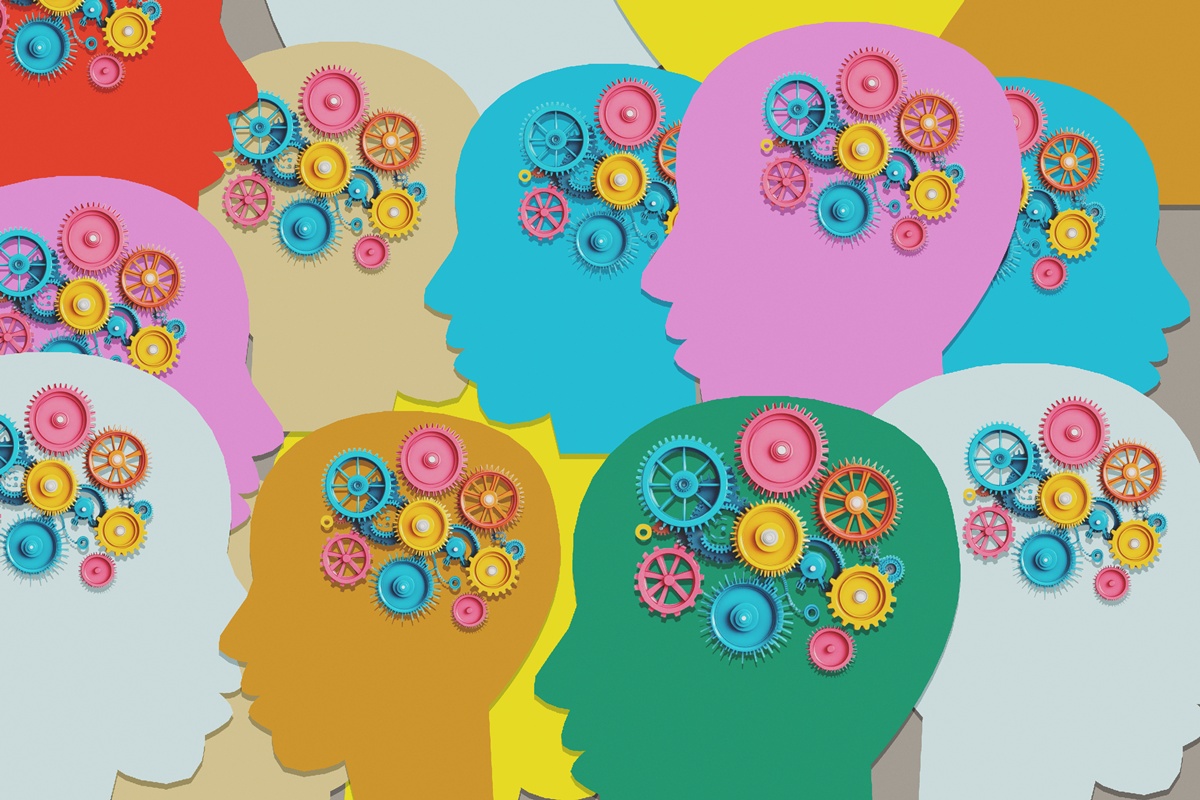 1 de 1 Ilustração colorida de várias pessoas com engrenagens no cérebro, representando os pen...