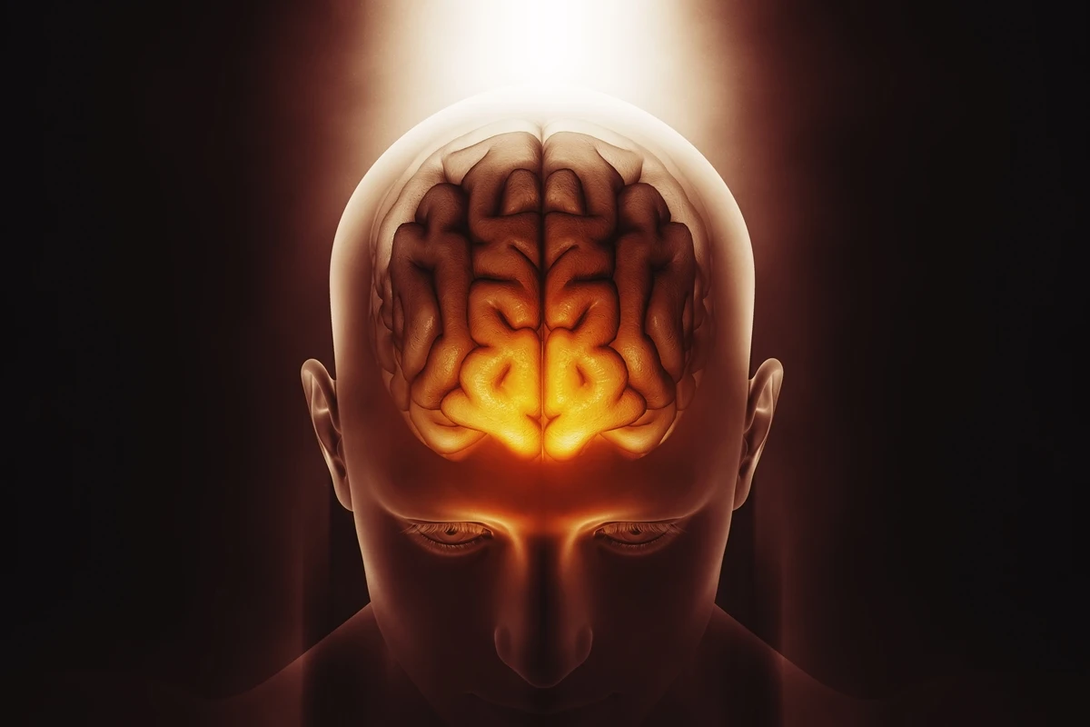 1 de 1 Ilustração colorida com cérebro humano à mostra e luz forte que ilumina a cabeça huma...