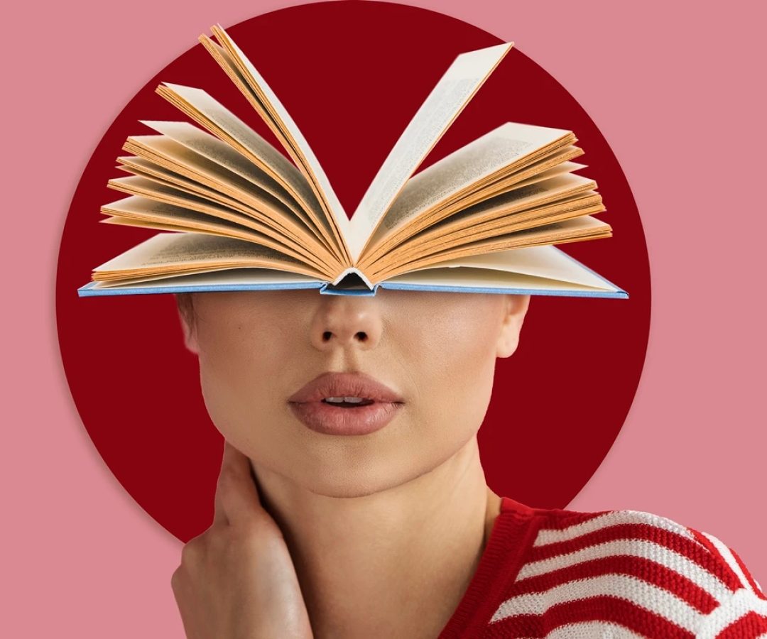 1 de 1 Montagem em tons de vermelho e rosa, mostram a face de uma mulher com um livro no lugar da...