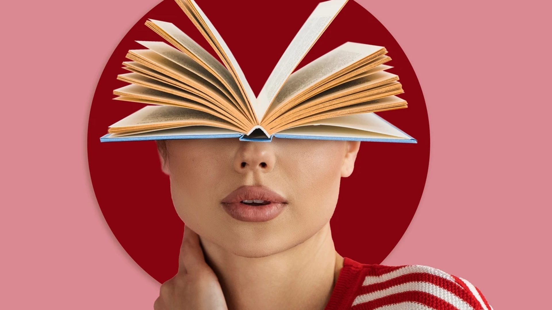 1 de 1 Montagem em tons de vermelho e rosa, mostram a face de uma mulher com um livro no lugar da...