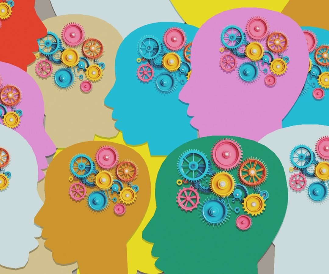 1 de 1 Ilustração colorida de várias pessoas com engrenagens no cérebro, representando os pen...