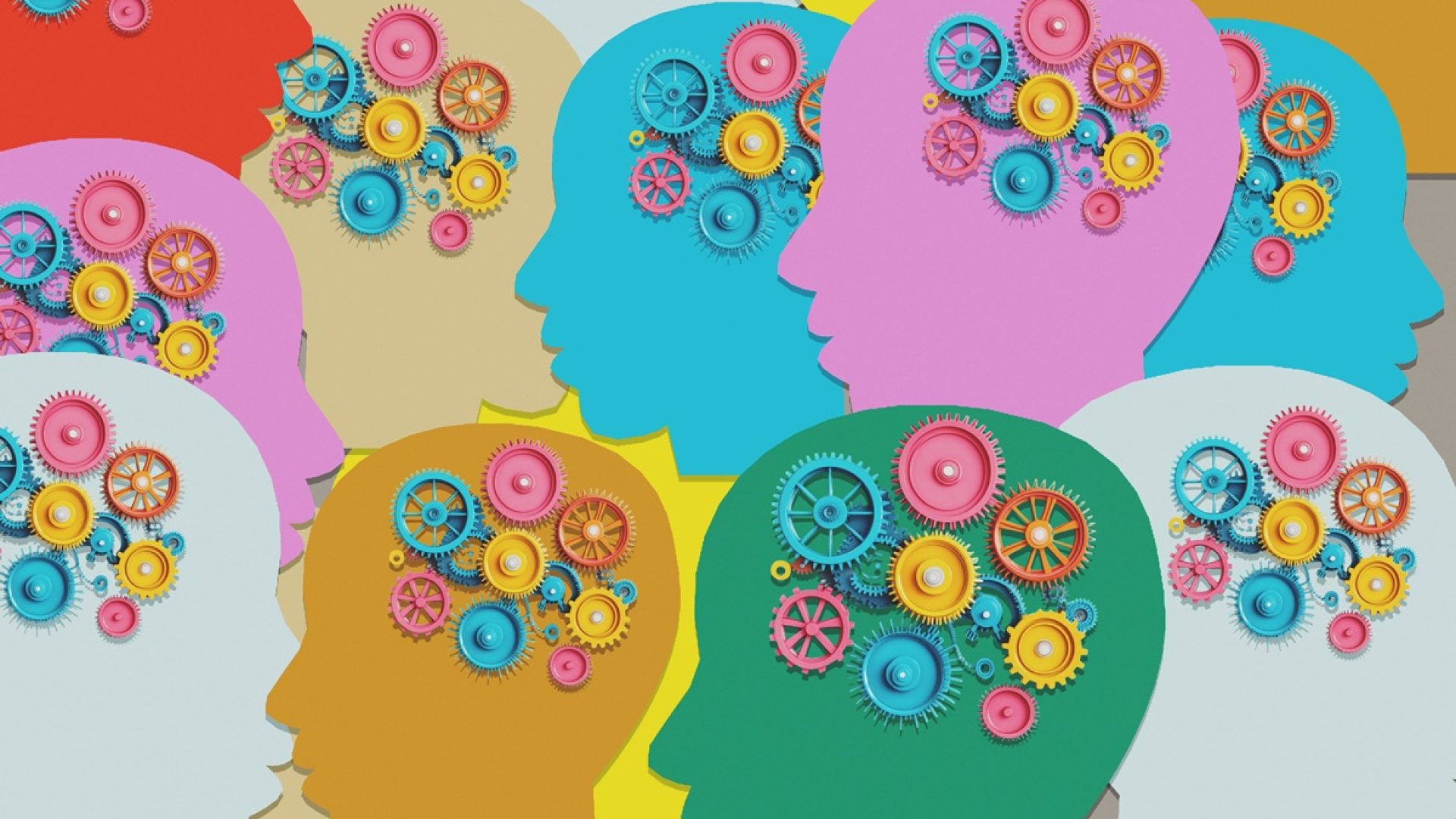 1 de 1 Ilustração colorida de várias pessoas com engrenagens no cérebro, representando os pen...